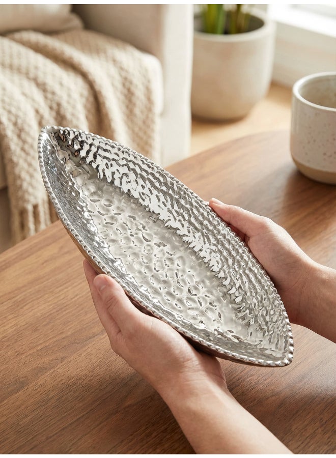 Noon East Ceramic Platter for Décorative arrangement, Length- 22.5 cm | Silver Color | Hammered Decadance Design | Size -22.5x7.3x9 cm | Perfect for decorativing your living room, Ideal for decorating coffee table, dinning table, console table or any office or living space - Image 1